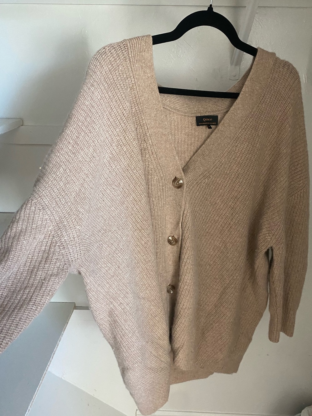 Quince Cashmere Beige Button-Front V-Neck Women's Cardigan Sweater